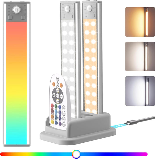 lexall 3 Pack Under Cabinet Lighting, 60 LED Rechargeable Motion Sensor Light Indoor with Charging Station, Dimmable LED RGB Light Bar, Magnetic Under Counter Lights for Kitchen, Night Safe Light
