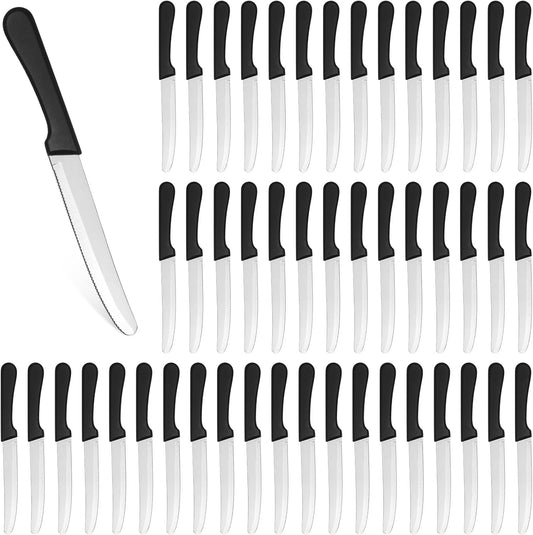 Geelin 50 Pieces 8.5 Inch Rounded Serrated Blade Steak Knives Stainless Steel Round Tip Blade Steak Knife with Plastic Handle for Kitchen Butter Cutlery Restaurant(Black)