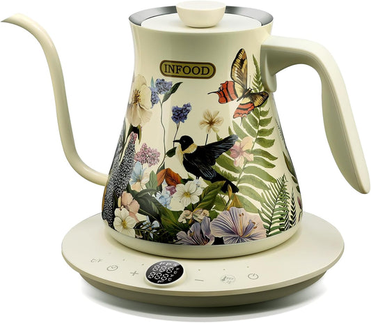 INFOOD 0.8L Gooseneck Electric Kettle, Precise Temperature Control for Pour Over Coffee & Tea, 1200W Fast Boiling Water, Auto Shut Off, Scheduling, Stainless Steel, Floral Painted Design
