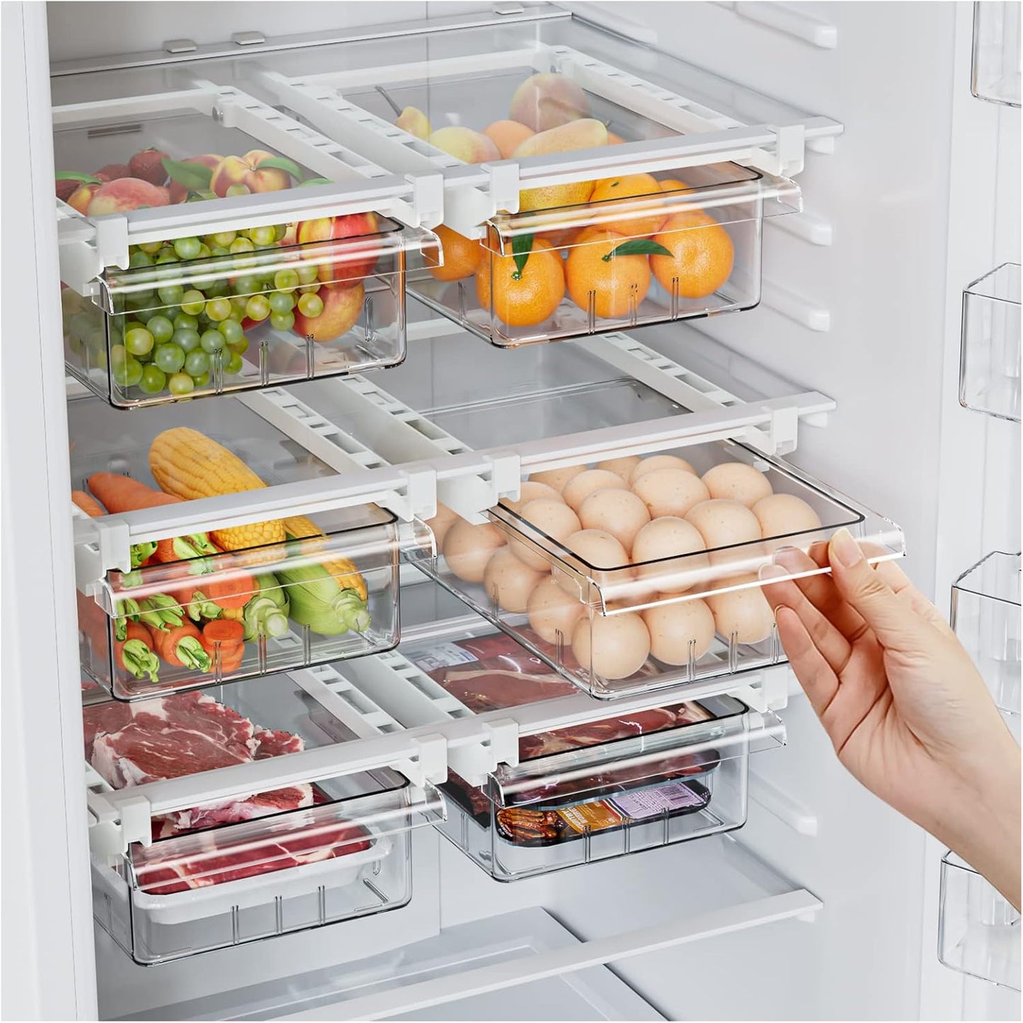 SNSLXH 2 Pack Refrigerator Drawer Organizer, Pull Out Shelf Storage Transparent Organizer for Egg, Fruit, Vegetable, Seafood, Meat, Fit All Fridge Shelves Under 0.6''