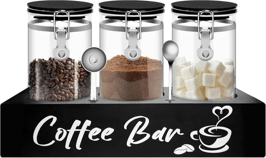 MACIFECI Glass Coffee Containers with Shelf Coffee Station Organizer 54oz Black Glass Coffees Bean Storage Canister with Spoon Coffee Canister Set Kitchen Food Storage Jars for Coffee\/Sugar\/Candy
