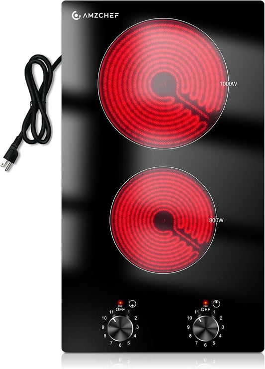 AMZCHEF 12Inch 2 Burner Electric Cooktop, 1800W\/11Levels 2 Burners Stove Top With Knob Control Countertop & Built-in Radiant Electric Stove with Residual Heat Indicator