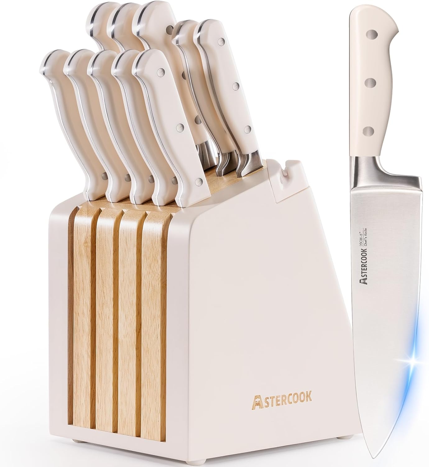 Astercook Knife Set, Kitchen Knife Set with Block and Sharpener, 12 Pcs Ultra-Sharp High Carbon Stainless Steel Knife Block Set with Non-Slip Full Tang Ergonomic Handle, Cream White Cutlery Set