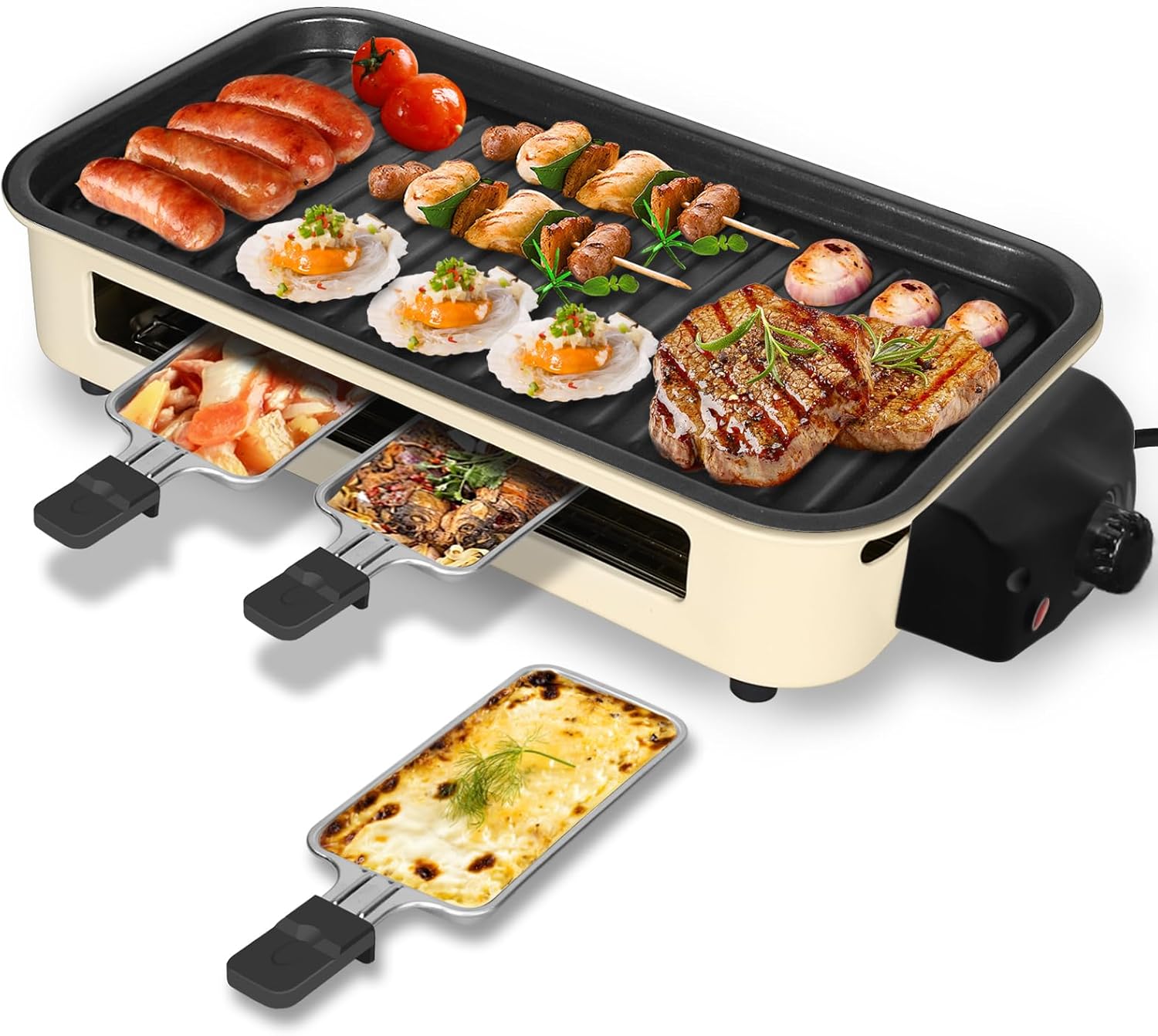 Electric Indoor Grill 1500W -2 in 1 Smokeless Indoor Grill for Kitchen with Non-stick Removable Grill & Griddle Plate,Temperature Control Korean BBQ Grill with 3 Cheese Pans Dishwasher Safe