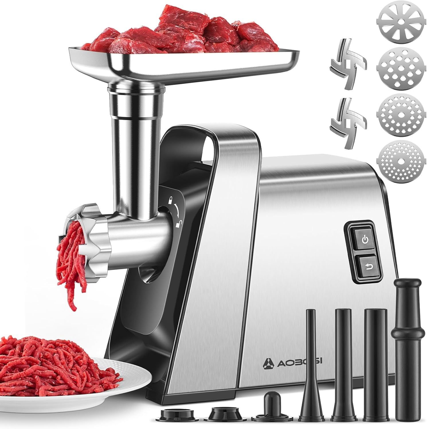 AAOBOSI Meat Grinder Electric, [3000W Max] Meat Grinder Heavy Duty with 2 Stainless Steel Blades & 4 Grinding Plates, Sausage Maker & Kibbe Kit for Home Kitchen Using
