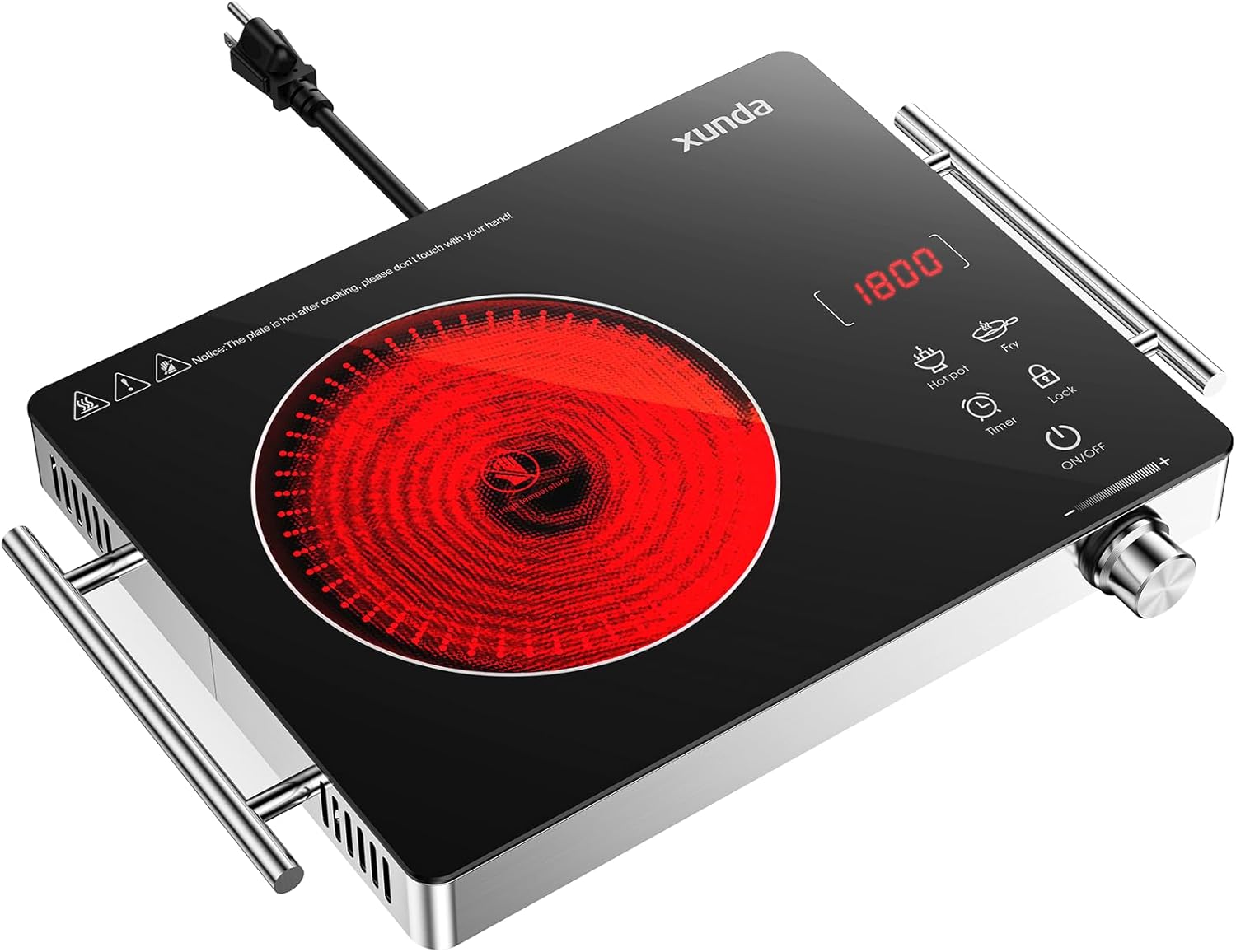 xunda 1800W Portable Electric Stove, 110v Electric Burner with Carry Handle Hot Plate, Ceramic Infrared Single Burner Cooktop, Touch & Knob Control Timer, Safety Lock (Black)