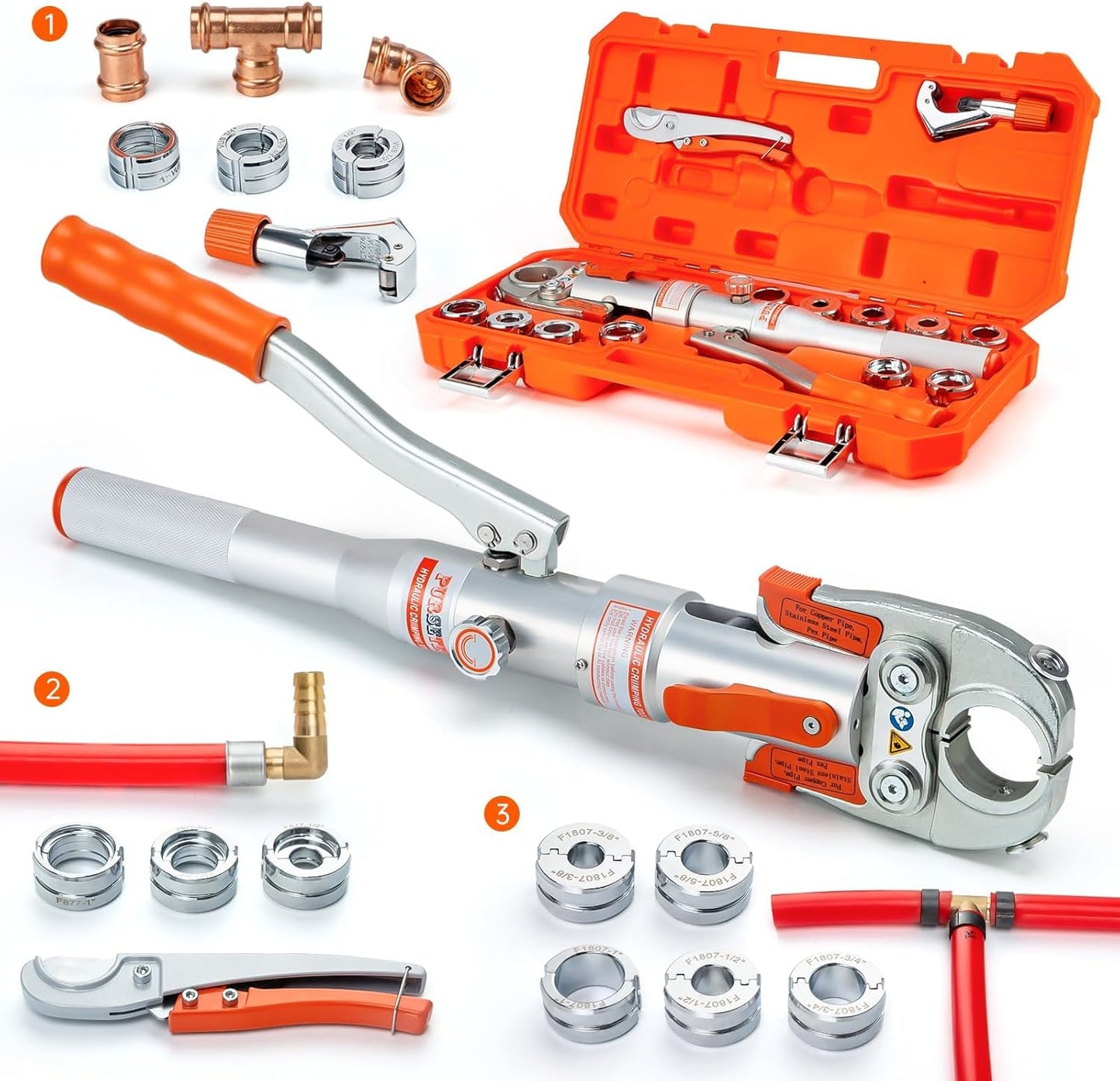 Purseter Copper Tube Fittings Hydraulic Pipe Crimping Tool with 1\/2,3\/4,1" Dies for copper Pipe and F877 Stainless PEX Press Sleeves,3\/8",1\/2",5\/8",3\/4",1" Dies for ASTM F1807 Pex Pipe Copper Ring