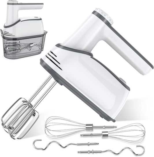 Cordless Electric Hand Mixer: 12 Speeds Powerful Handheld Mixer with 6 Stainless Steel Attachments (2 Beaters, 2 Dough Hooks, 2 Whisks), Snap-On Storage Case & Eject Button (White)