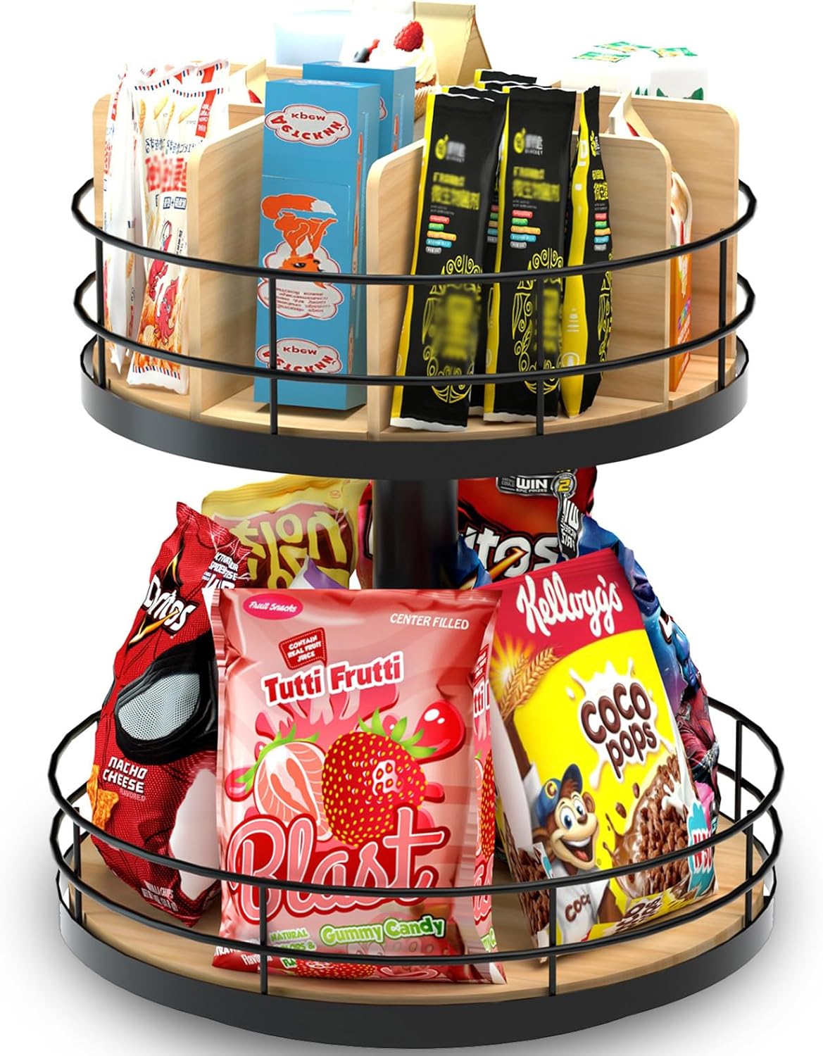NANAGIFTREE Snack Organizer - Versatile Snack Storage 2 Tier Lazy Susan with Convenient Grab-and-Go Design, Wood and Metal Snack Holder for Home, Office, Breakroom, 12.13" L x 12.13" W x 12.56" H