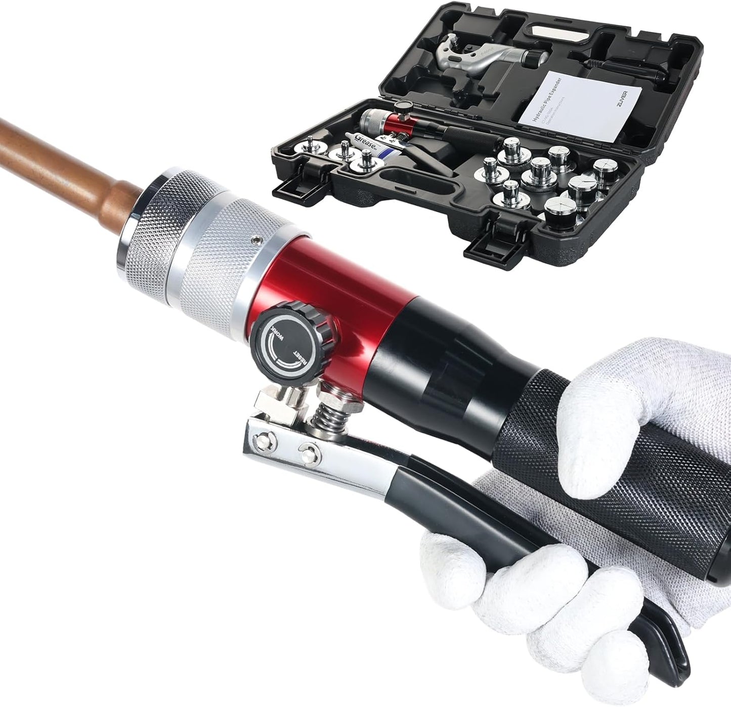 ZUVER Tube Expander Swaging Tool Kit Hydraulic HVAC Copper Expansion Compact Set with 11 Heads Expanding from 3\/8 to 1-5\/8 Inch, Includes Tube Cutter and Deburrer