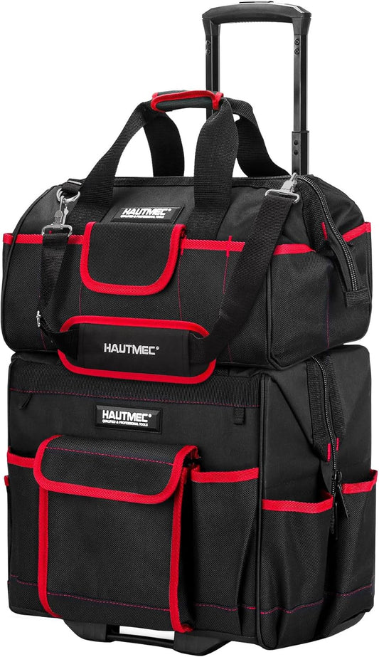 HAUTMEC 2 Piece Heavy-Duty Rolling Tool Bag Set, 14.5\u201D Tool Bag on Wheels & 15" Wide Mouth Utility Bag, 1680D Durable Oxford Fabric Tool Storage \u2013 HT0288