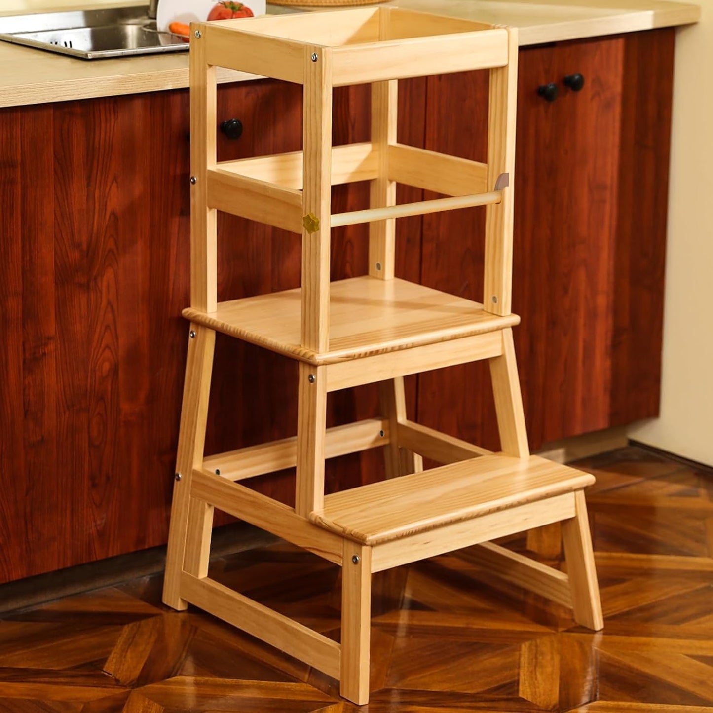 Kitchen Step Stool for Kids with Safety Rail,Toddler Standing Tower for Kitchen Counter, Baby Montessori Stool,Solid Wood Construction,Natural