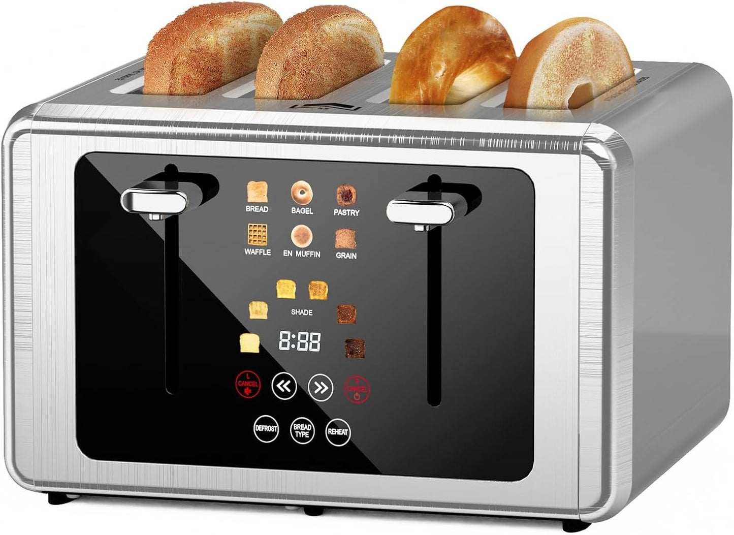 WUNLY 4 Slice Toaster, Touchscreen & Dual Independent Control Panel，5 Basic Functions & Digital Countdown Toasters, 6 Shade Settings＆6 Bread Types, Smart Bread Maker Mute\/Screen-Off,Platinum