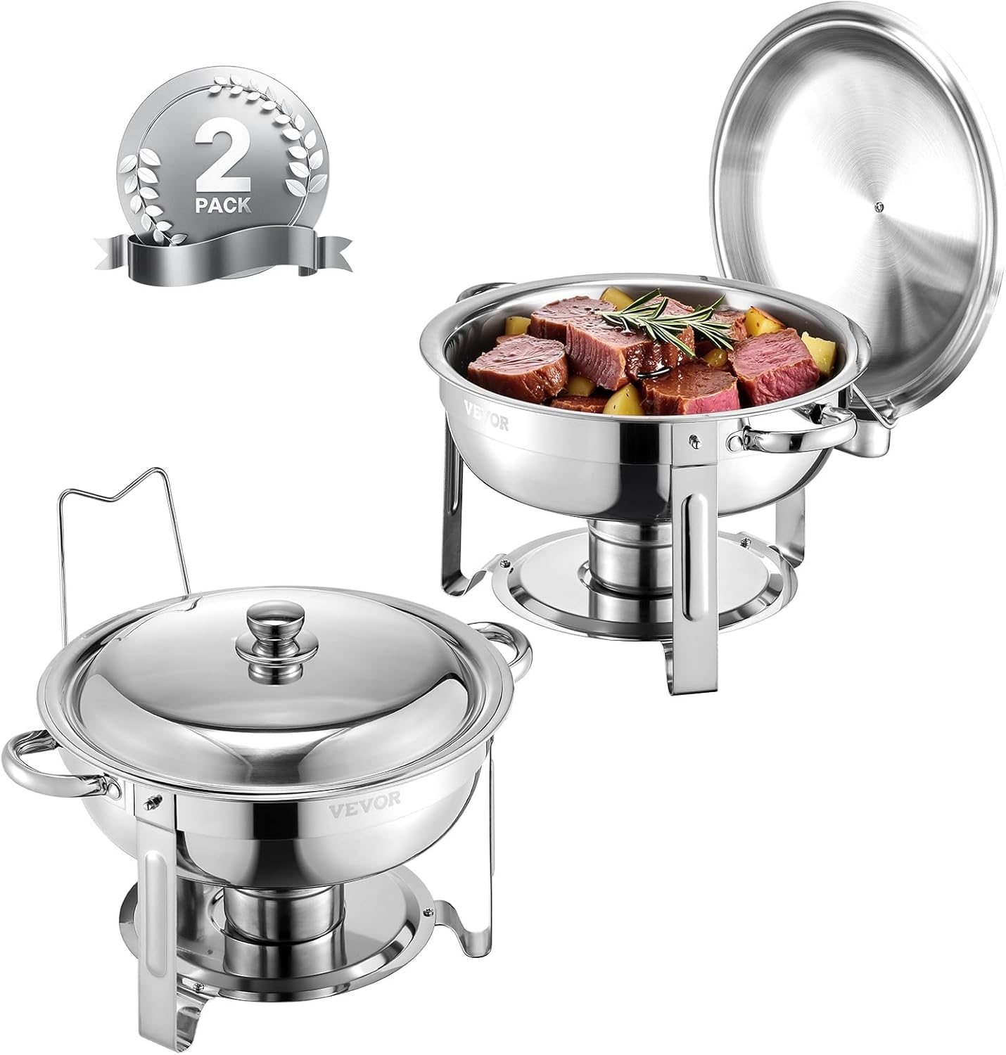 VEVOR Chafing Dish Buffet Set, 5 Qt 2 Pack, Stainless Steel Chafer with 2 Full Size Pans, Round Catering Warmer Server with Lid Water Pan Folding Stand Clip, for Weddings Parties Banquets, Silver