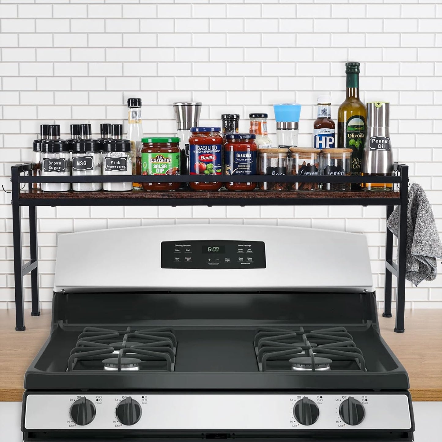 Spice Rack Shelf for Kitchen Stove，Stove Top Shelf with 4 hooks Extra Storage Countertop, Seasoning Organizer,Kitchen Organizers and Storage
