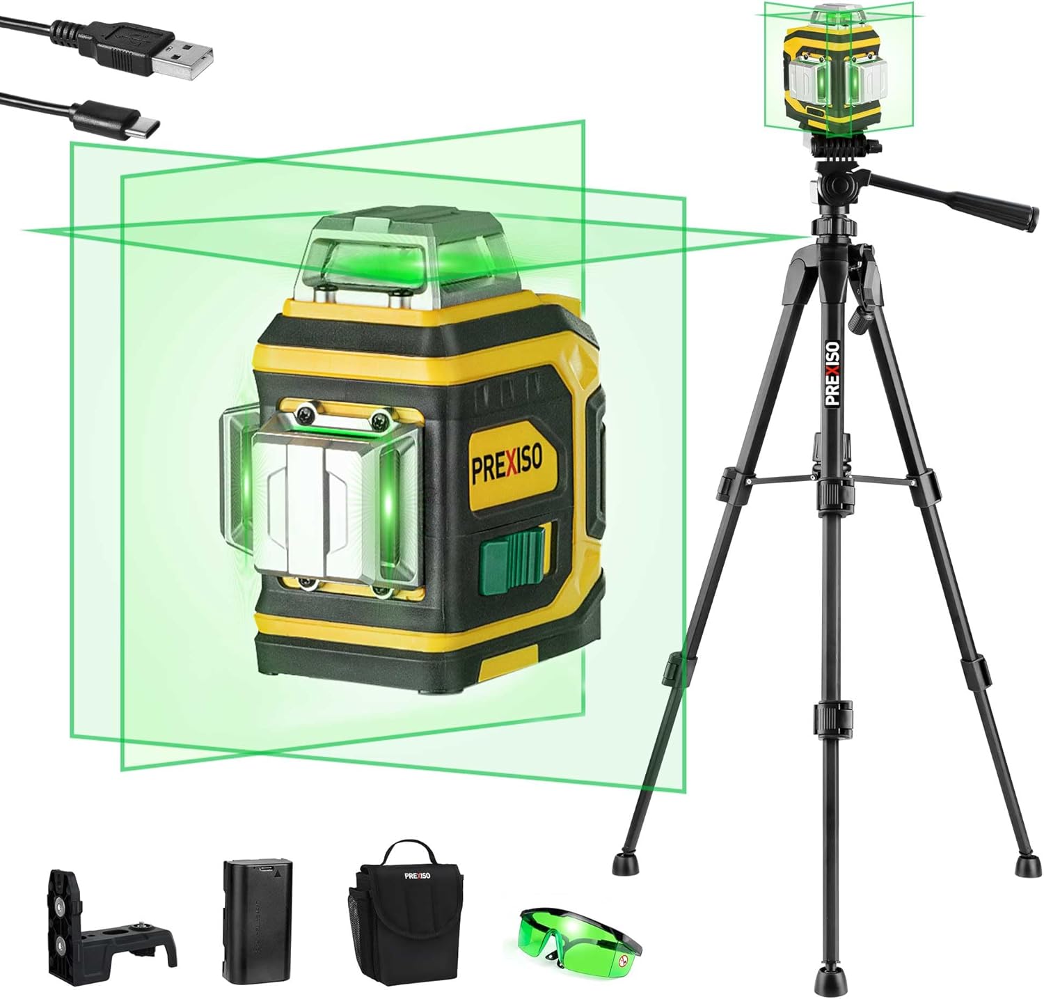 PREXISO Rechargeable 360° Self Leveling Green Laser Level with Tripod, Magnetic Base, Glasses - For Construction, Tile, Home Renovation