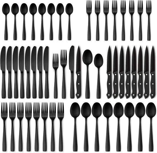 Hiware 48-Piece Matte Black Silverware Set with Steak Knives, Black Flatware Set for 8, Stainless Steel Tableware Cutlery Set, Utensil Sets for Kitchen