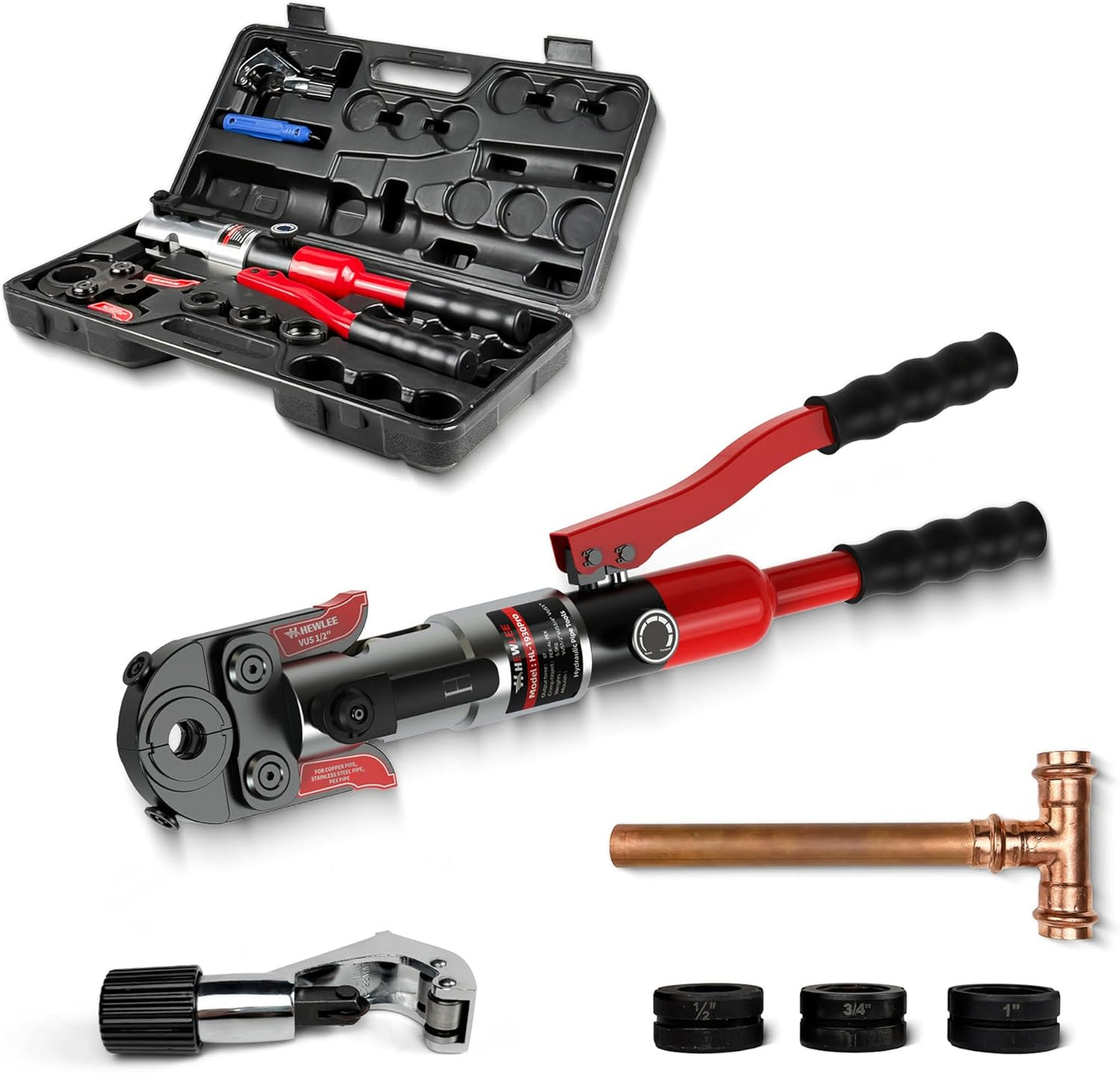 Upgraded Propress Tool for Copper Pipe with 1/2" 3/4" 1" Dies | Enhanced Larger Hydraulic Cylinder Provides MAX 80KN Force and 50% Faster Crimping | Includes Pipe Cutter and Deburring Tool