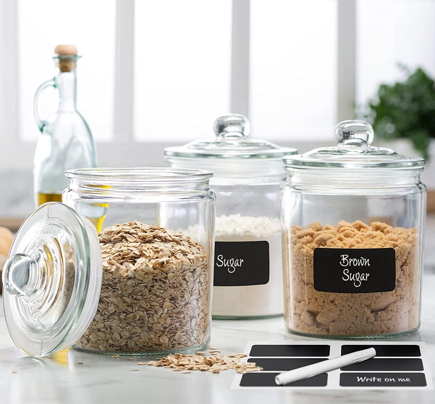 3pc Canister Sets for Kitchen Counter + Labels & Marker - Glass Cookie Jars with Airtight Lids - Food Storage Containers with Lids Airtight for Pantry - Flour, Sugar, Coffee, Cookies, etc.