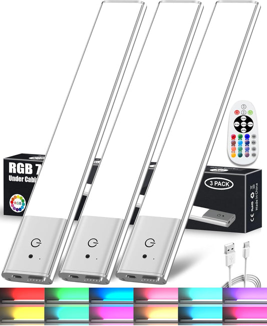 LAJOSO 79-LED Under Cabinet Lighting, 15 Colors Uitra-Thin Closet Lights Rechargeable Wireless Under Counter Lighting with Remote Control, Dimmable RGB Light Bars for Kitchen Showcase Shelf, 3 Pack