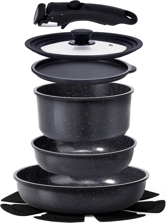 GiPP Ceramic Non Stick Pots and Pans Set,Nonstick Detachable Handle Cookware Sets,Healthy Non Toxic PFAS PFOA & PTFE Free, Dishwasher ＆Oven Safe, Induction Kitchen Pot and Pan, 8 Piece Grey