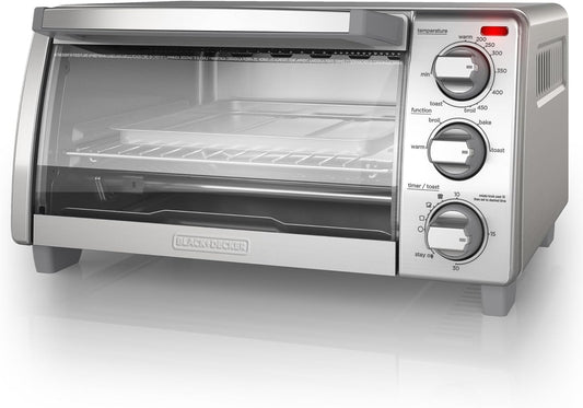 BLACK+DECKER 4-Slice Toaster Oven, TO1745SSG-1A, Even Toast, 4 Cooking Functions Bake, Broil, Toast and Keep Warm, Removable Crumb Tray, Timer