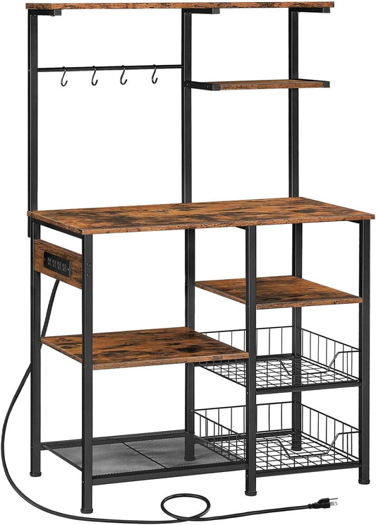HOOBRO Large Bakers Rack with Power Outlets, 6-Tier Microwave Stand with 4 Hooks, Coffee Bar, Kitchen Shelf with Wire Basket, for Kitchen, Living Room, Office, Rustic Brown and Black BF64UHB01