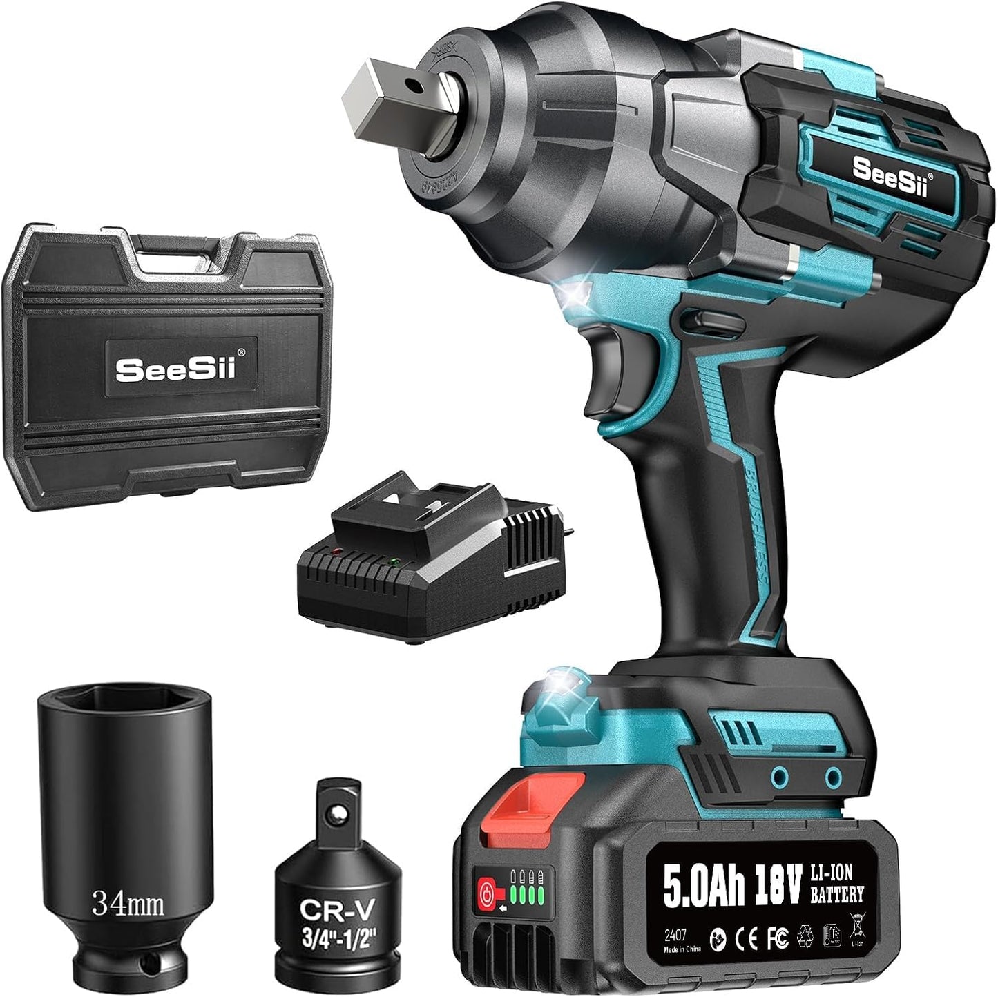 SEESII Impact Wrench 1180FT-LBS(1600N.m) 2200IPM 3\/4 Impact Gun High Torque Electric Cordless Impact Wrench with 18V 1x5.0Ah Battery 2 Sockets and Case for Home Car Truck Tire Lug Nut Removal Tool Set