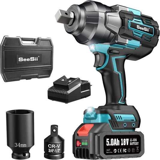 SEESII Impact Wrench 1180FT-LBS(1600N.m) 2200IPM 3\/4 Impact Gun High Torque Electric Cordless Impact Wrench with 18V 1x5.0Ah Battery 2 Sockets and Case for Home Car Truck Tire Lug Nut Removal Tool Set