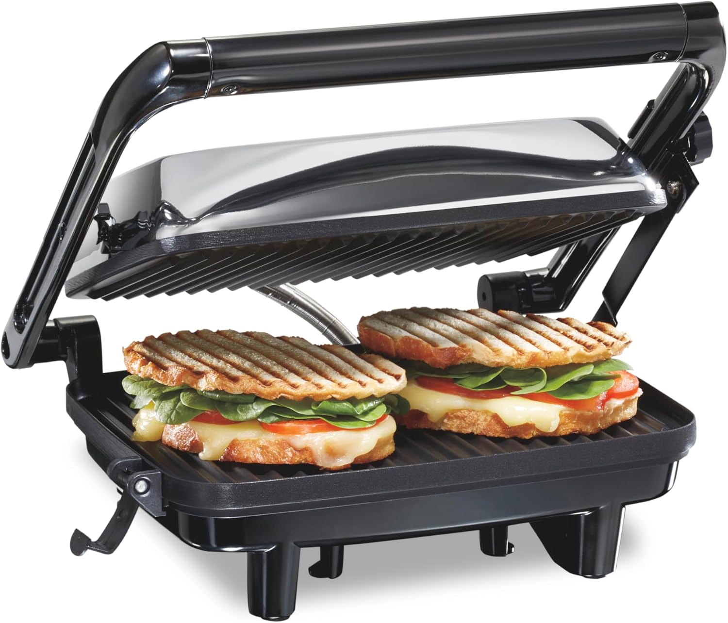 Hamilton Beach Panini Press Sandwich Maker & Electric Indoor Grill with Locking Lid, Opens Wide to Fit Any Thickness for Quesadillas, Burgers & More, Nonstick 8" x 10" Grids, Chrome (25460AG)