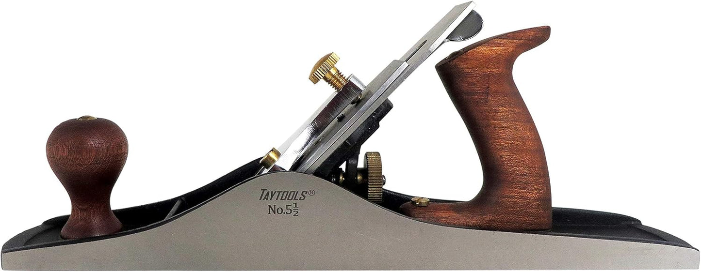 Taytools #5-1/2 Jack Bench Hand Plane #5-1/2, 14-3/4 Inch Sole, Ductile Cast Body, Lapped Sides and Sole, Sole and Sides Flat tio Withing 0.003", .125 inch thick Blade RHC 55-60, Sapele Handle & Tote