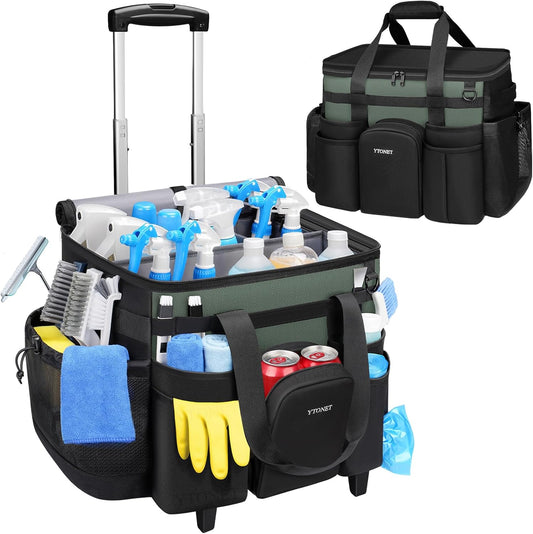 Ytonet Cleaning Caddy with Wheels, Extra Large Rolling Cleaning Caddy Bag with Detachable Trolley for Housekeepers, Water Resistant Cleaner Supplies Organizer with Wheels for Kitchen, Tool Organizer