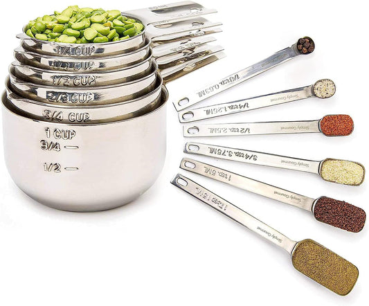 Simply Gourmet Measuring Cups and Spoons Set of 12 \u2013 18\/10 Stainless Steel Kitchen Gadgets \u2013 Stackable Design with Long Handle Spoons \u2013 Fits in Jars \u2013 Cooking & Baking Measuring Set for Dry & Liquid