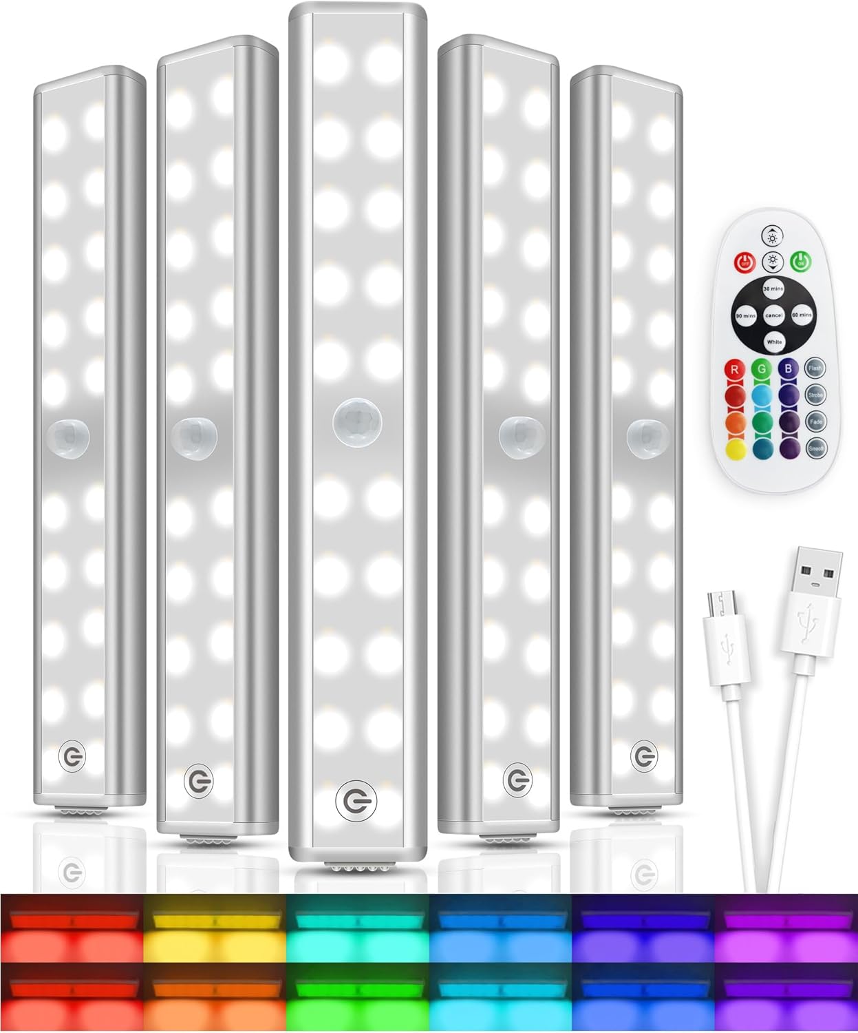 Under Cabinet Lighting, Under Counter Lights for Kitchen 5 Packs 48 LED 15 Color Temps Dimmable Battery Operated RGB Lights with Remote Wireless Closet Lights for Bedroom Wardrobe Stair
