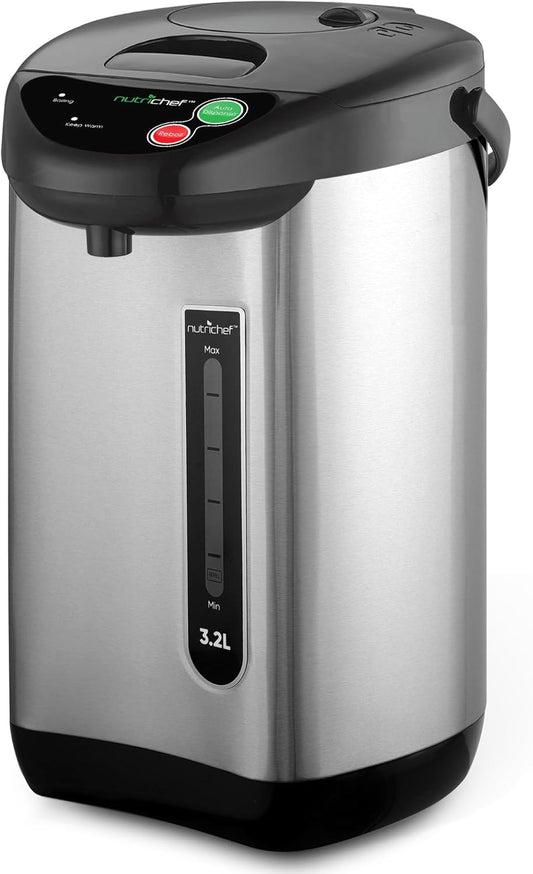 NutriChef Hot Water Urn Pot Insulated Stainless Steel,Auto & Manual Dispense,Auto Boiler,Safety Lock Shutoff 3.38 QT \/3.2L - Auto Boiler Shut Off - PKWK43
