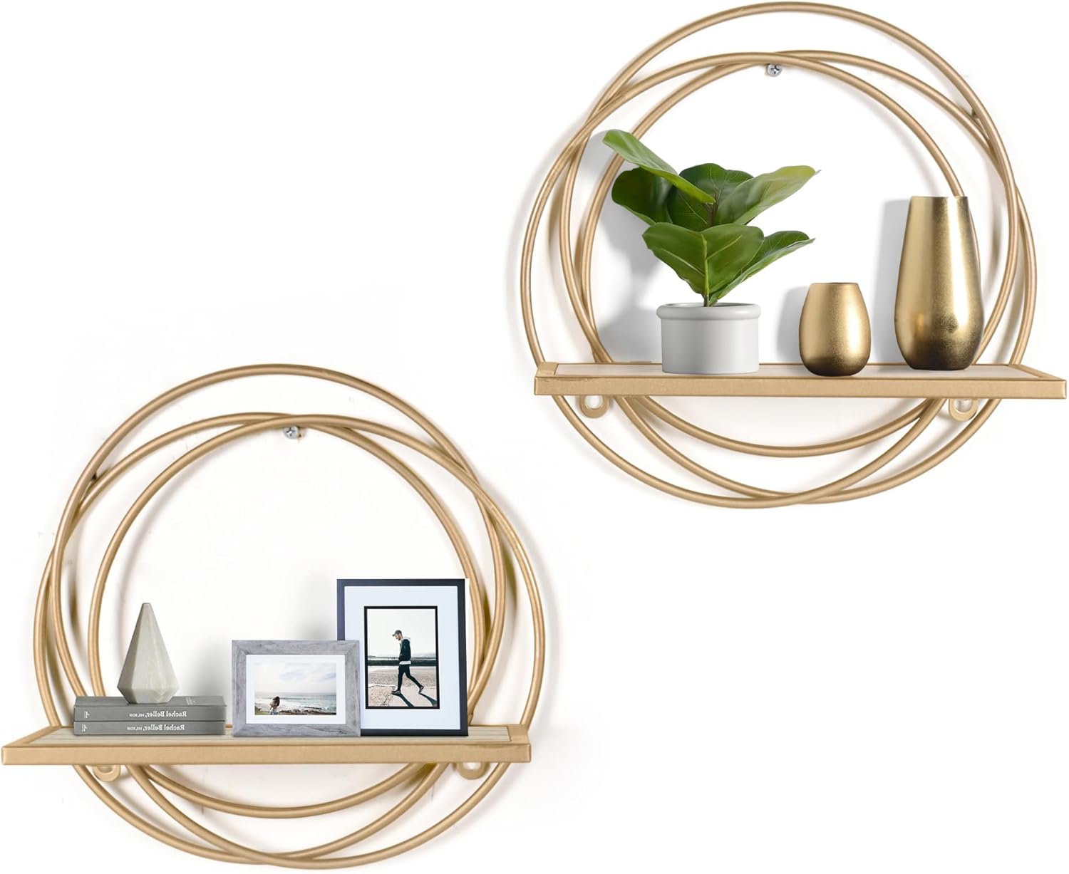 Oakrain Small Floating Shelves Set of 2, Wall Mounted Hanging Shelf with Gold Metal and Wood, Round Wall Shelves for Storage, Living Room Decor, Bathroom, Kitchen, Bedroom, Office