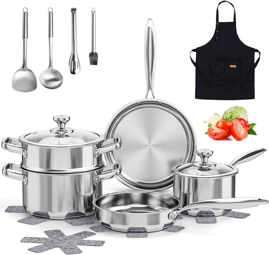 ASKSCICI Stainless Steel Cookware Set, 16-Piece Pots and Pans Set Non Toxic, Kitchen Induction Cookware with Glass Lids, Steamer, Utensil Sets, Pot Protectors & Apron, Oven & Dishwasher Safe, Silver