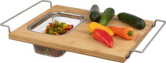 Cutting Board with Strainer - 2 in 1 Adjustable Bamboo Chopping Board with Removable Stainless Steel Colander for Over the Sink by Classic Cuisine