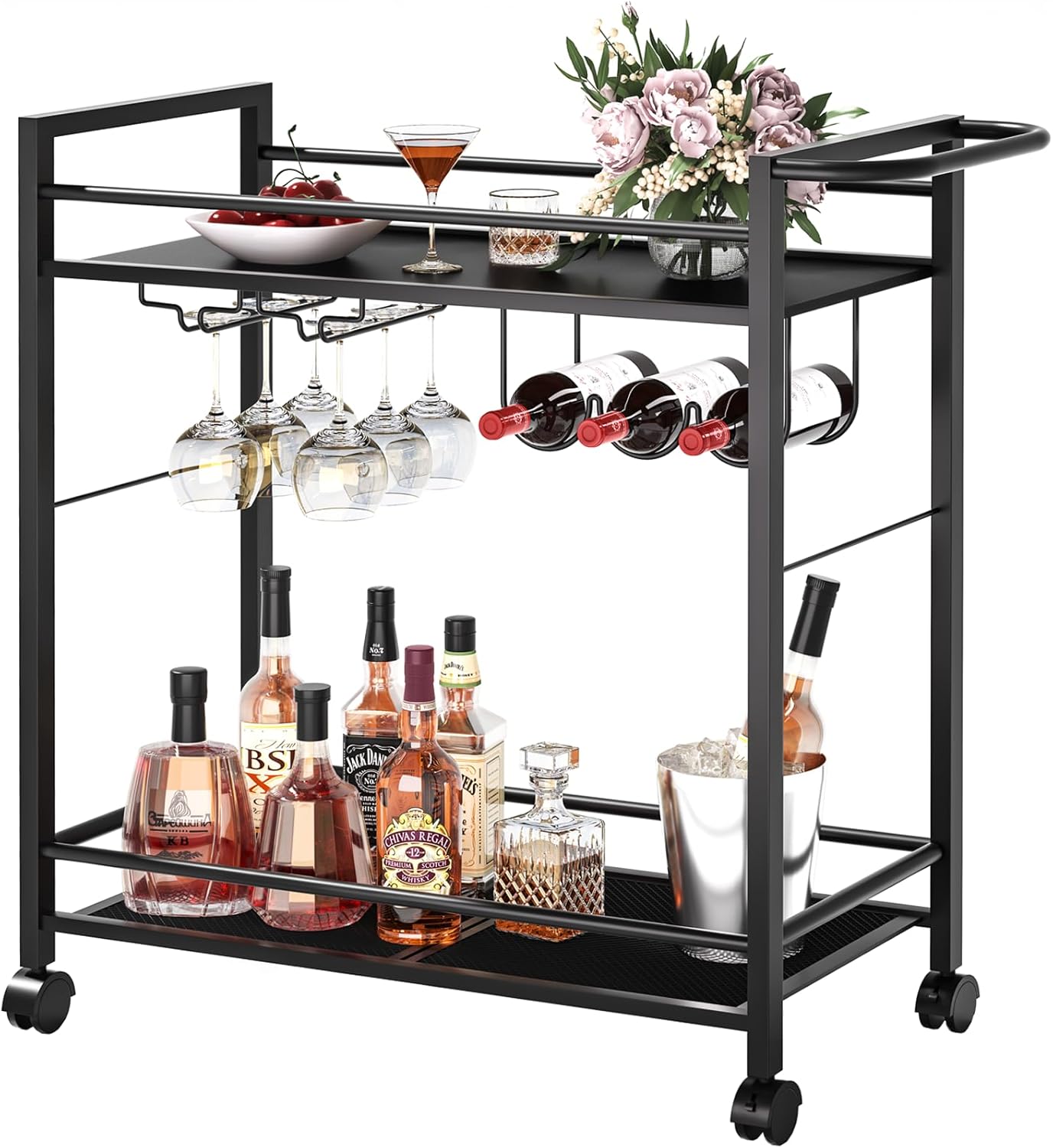 Joaxswe Bar Cart,Home Bar Serving Cart with Storage Shelves, 2 Tier Rolling Beverage Cart with Wheels, Modern Wine Cart with Wine Rack and Glass Holder for Kitchen, Living Room,Dinning Room,Black