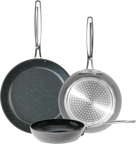 Nuwave 3-Piece 8\u201D, 10\u201D, 12\u201D Forged Lightweight Frying Pan Set, G10 Healthy Duralon Blue Ceramic Ultra Non-Stick, Ergonomic Stay-Cool Handles, Induction-Ready & Works on All Cooktops
