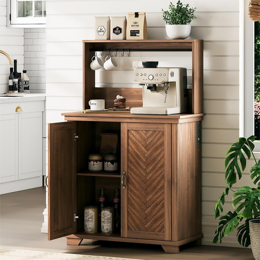 JOINICE Farmhouse Coffee Bar Cabinet with Storage,31.5" Kitchen Cabinet with Hooks and Charging Station,Coffee Station with Adjustable Shelf and Hutch,Sideboard for Living Dining Room