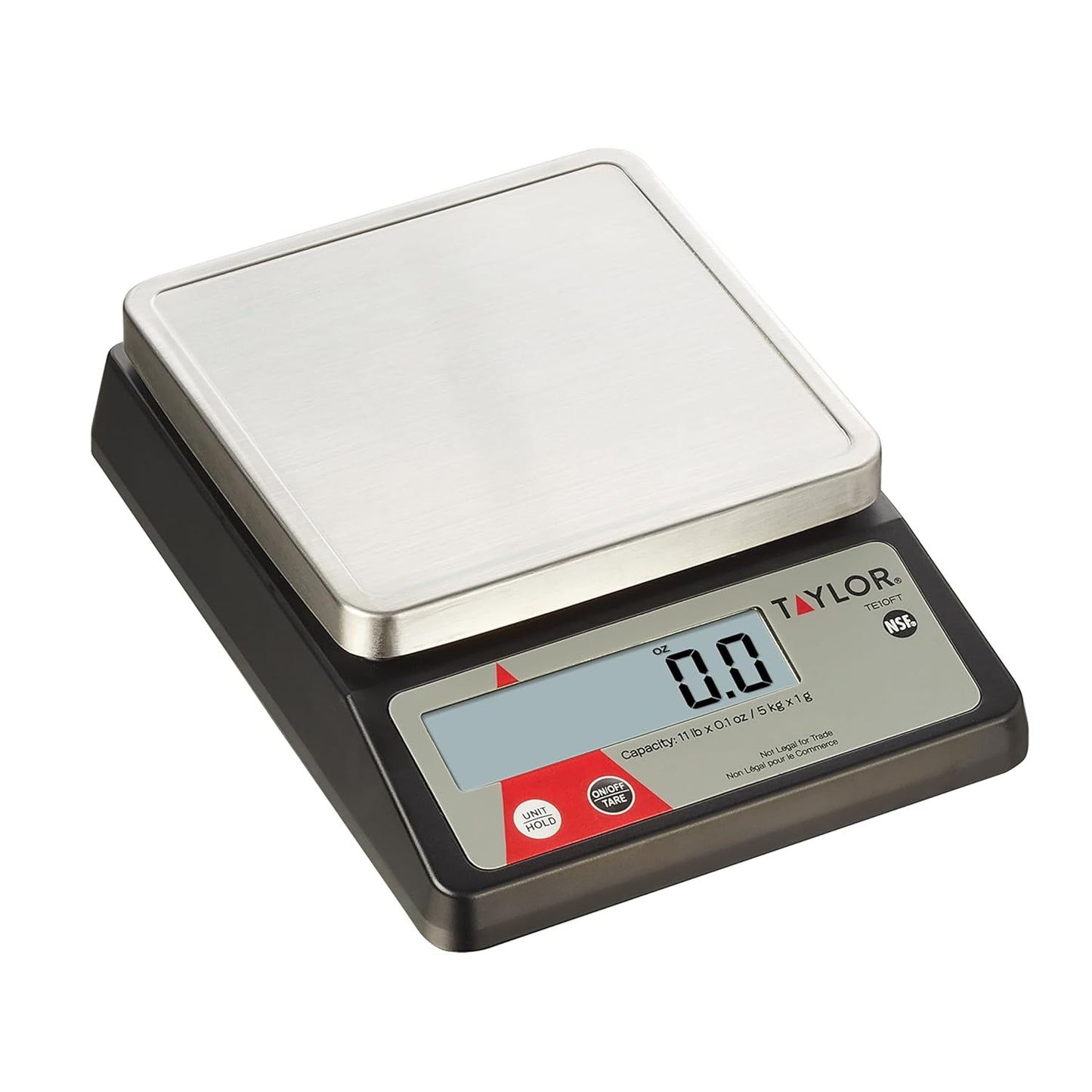 Taylor TE10FT 11-Pound Commercial Digital Portion Control Scale, 11 lb (5 kg) in 0.1 oz (1 g) Food and Cooking Scale, Tare and Hold Function, NSF, Stainless Steel Platform