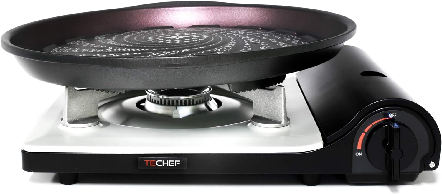 TECHEF - Stovetop Korean BBQ Non-Stick Grill Pan with Agni Portable Gas Stove Burner, Made in Korea (Grill Pan w Stove)