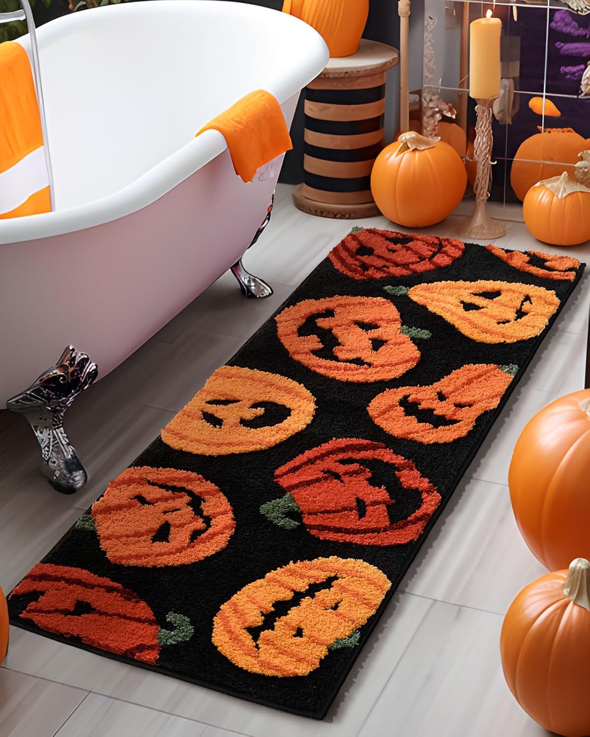 DEXDE Fall Halloween Bathroom Rugs Runner Pumpkins Long Bath Mat for Autumn Harvest Thanksgiving Home Decor, Soft Non-Slip Carpet for Hallway Bedroom Bathroom Kitchen Entryway, Orange Yellow 20x60