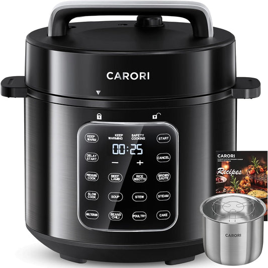 CARORI 9-in-1 Electric Pressure Cooker 6 Qt, Stainless Steel Inner Pot, Programmable 12 Multi-Function Cooker with Safe Vent Design, Rice Cook, Slow Cook, Sauté, Warmer & Sterilizer, Black