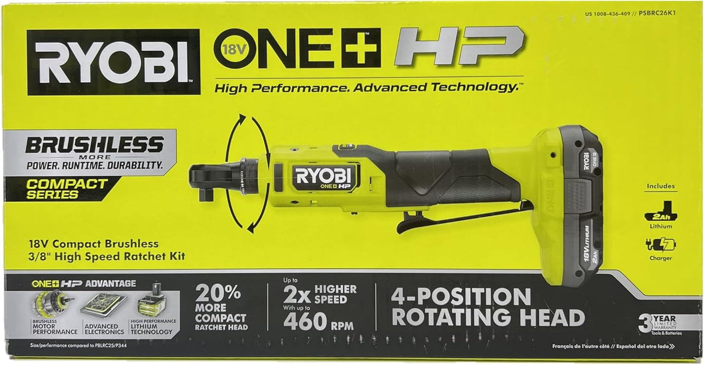 Ryobi - ONE+ 18V HP Brushless Cordless 3/8 in. High Speed Ratchet Kit with 2.0 Ah Battery and Charger - PSBRC26K1