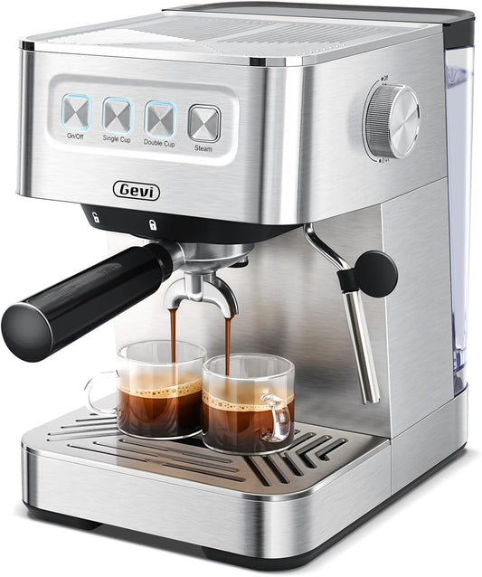 Gevi Espresso Machine with Milk Frother, 20 Bar Espresso Maker for Home with Stainless Steel Exterior,Compact Espresso Machine with 58mm Professional Portafilter for Cappuccino, Latte, Silver