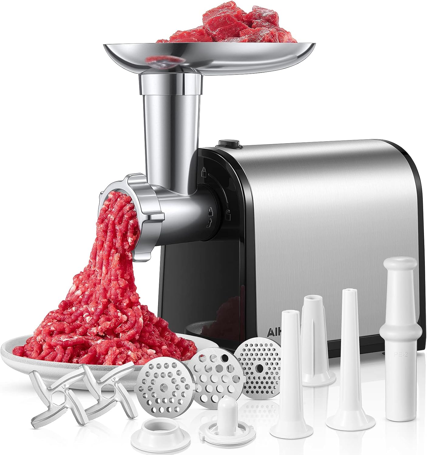 Electric Meat Grinder, Sausage Stuffer with 3 Sausage Tubes, 2 Blades, 3 Plates, 3200W Max, Meat Grinder Heavy Duty for Home Kitchen Use, Stainless Steel (Black)