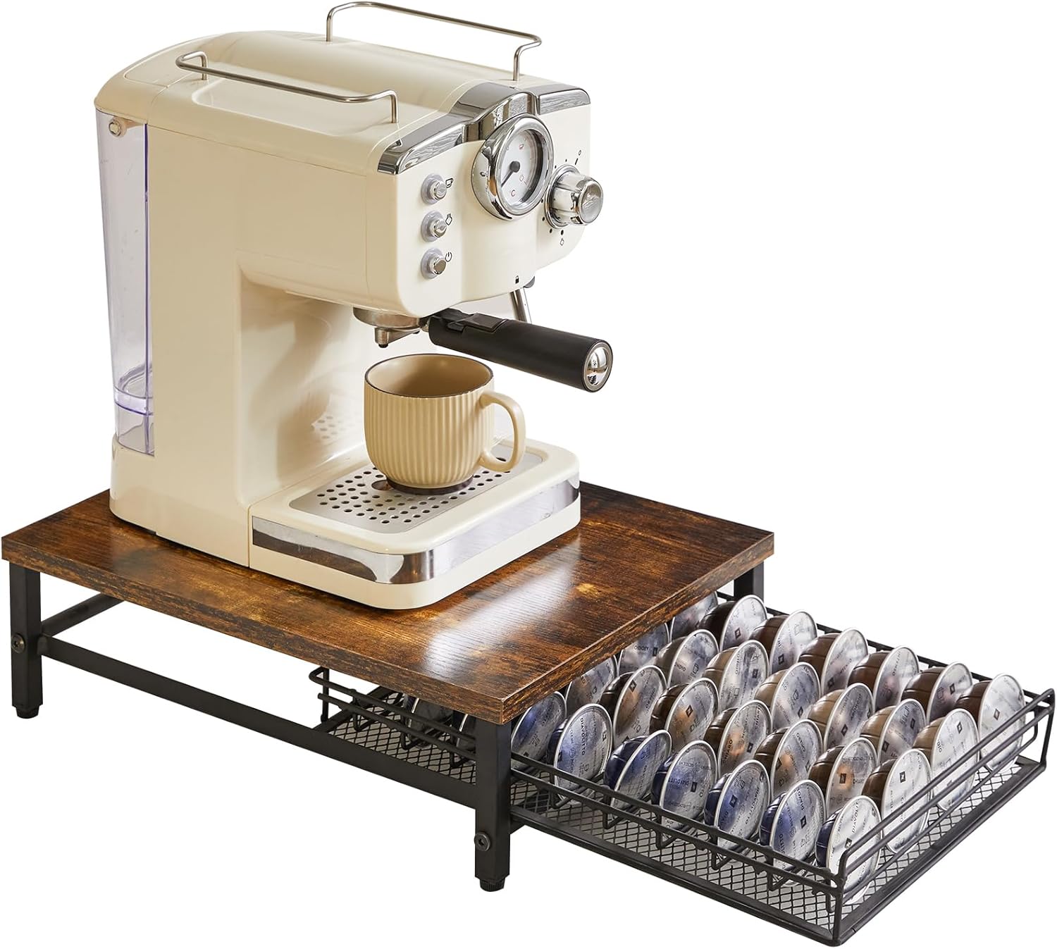 IBUYKE Coffee Pod Drawer Holder,40 Capsule Pods,Compatible for Nespresso Vertuo Pods,Wooden Top and Mesh Shelves,Home Kitchen Counter Coffee Bar Organizer, Rustic Brown,TCJ101H