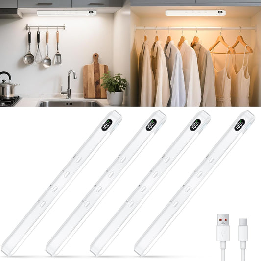 WILLED Under Cabinet & Closet Lights, Motion Sensor, Rechargeable, Magnetic, 3 Color Temps, Dimmable LED Light Bar for Indoor Kitchen Counter (4 Pack, White)